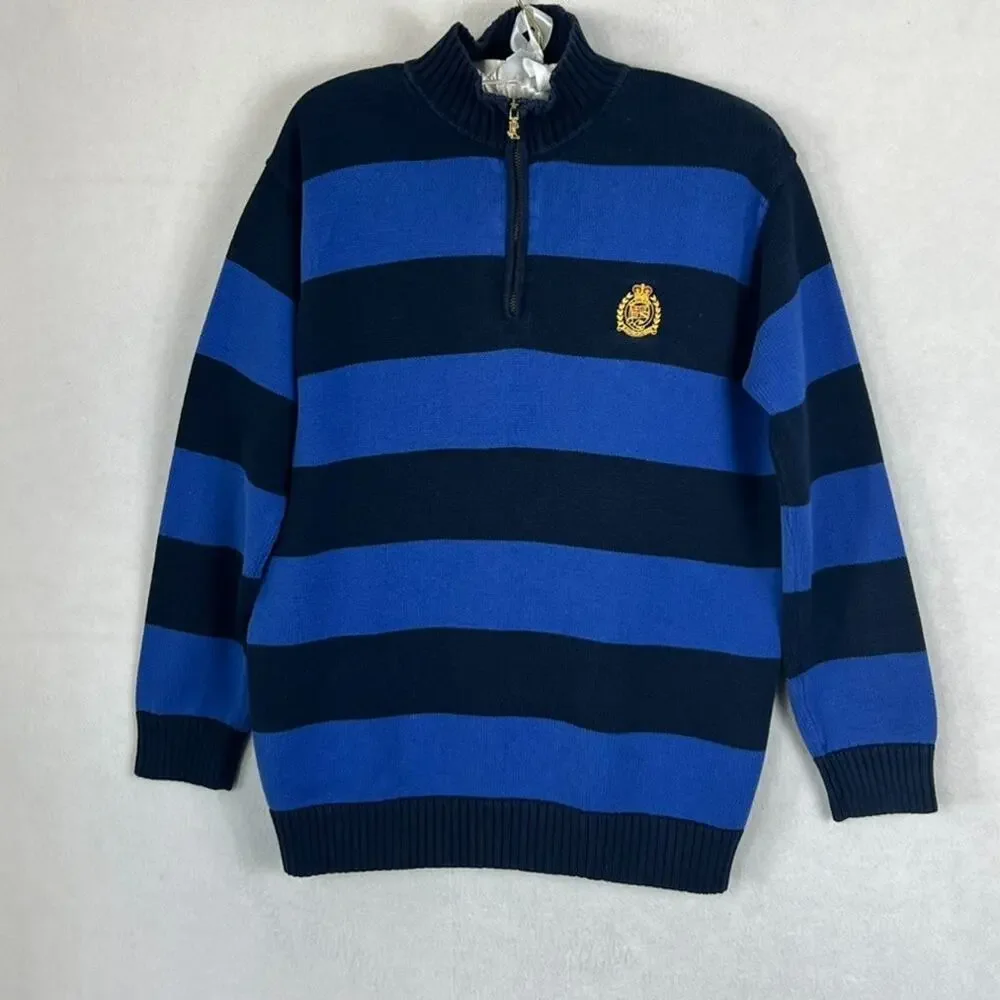 Ralph Lauren Sweater Men's Size S 1/4 Zip Cotton Blue Striped Embroidered Logo